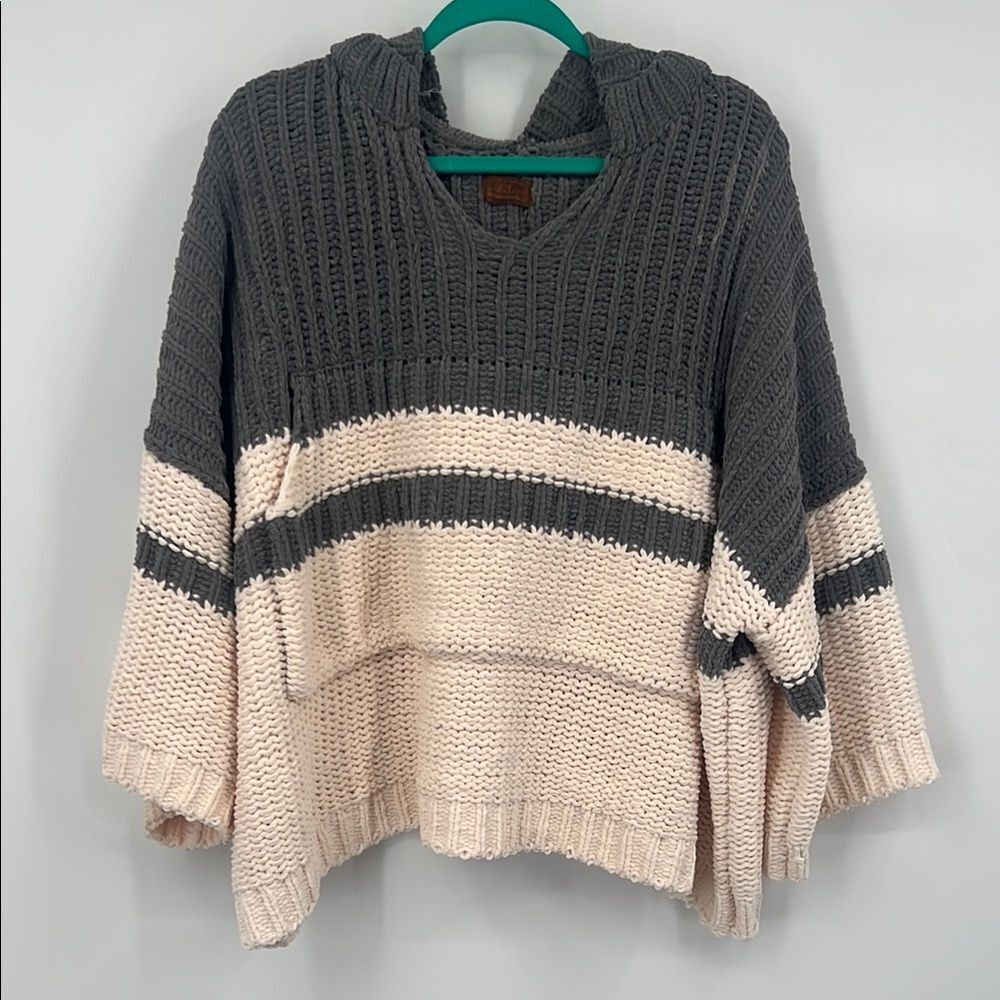 POL Women's V-Neck Sweater in Gray and Cream